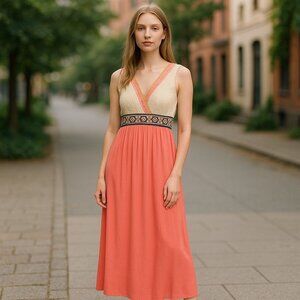 Flying Tomato Maxi Dress Size Medium V-neck Sleeveless Coral Boho Peasant Beach